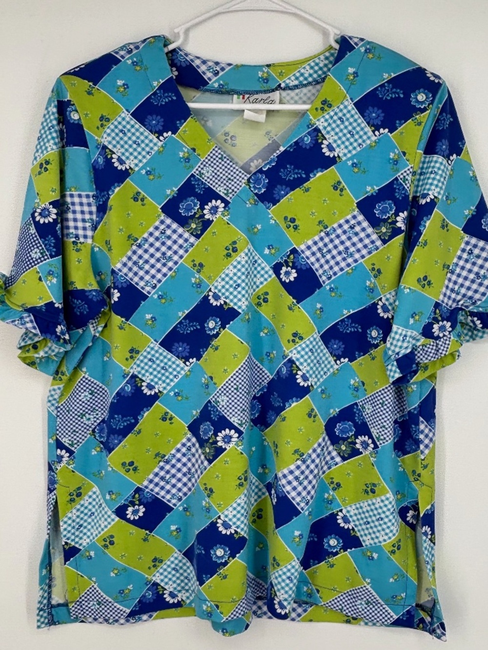 Karla Alla Notte Womens Large Vintage Pullover Knit Top Blue Green Patchwork VTG